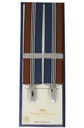 Erwin & Morris Made in UK Tan And Blue Striped 4 Clip Trouser Brace 
